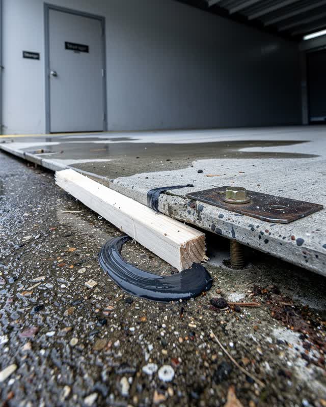 A covered service ramp beside a community storage room after rain, empty of people, with no boardwalk plank, seed drawer