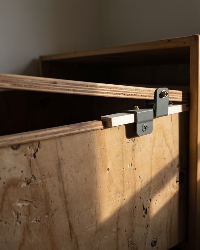 A community supply room with one open storage-bin bay after humid weather, empty of people, with no cork notice board, s