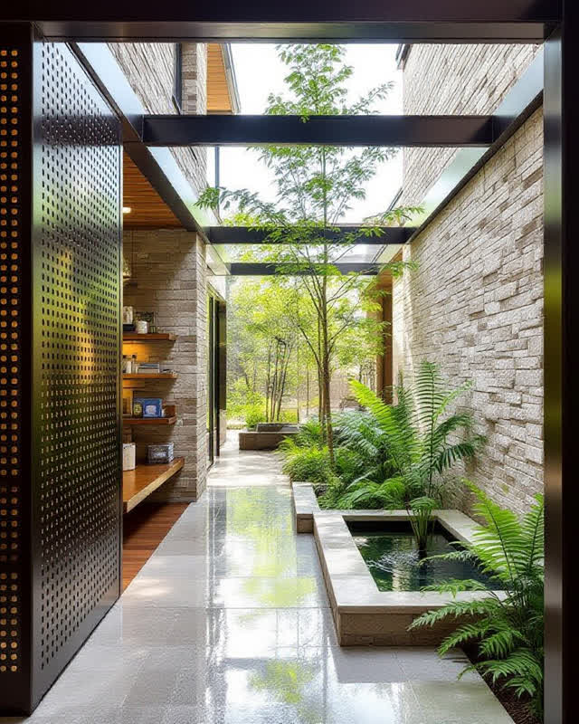 An exterior courtyard edge after light rain, empty of people, with no bus shelter, greenhouse, rain garden signage, maps