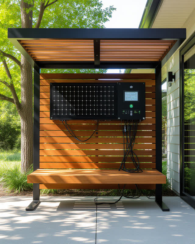 A cool open-shade exterior solar bench service bay after a maintenance check, empty of people, with no radio patch panel
