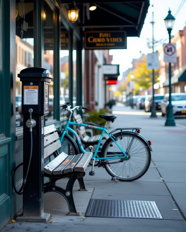 A covered bicycle repair alcove after morning use, empty of people, with no parked bikes, readable signs, solar bench, r