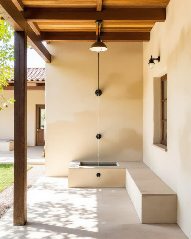 A shaded alley cistern work wall beside a community classroom, empty of people, with no rain chain, canopy, porch, ramp,