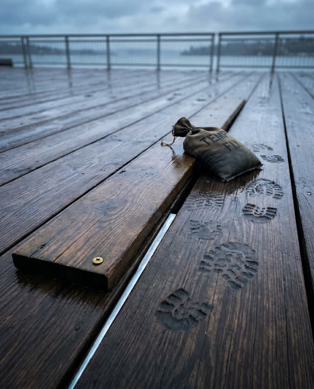 A clean waterfront-adjacent wooden walkway after rain, empty of people, with no ferry, ropes, lockers, loading bay, rubb