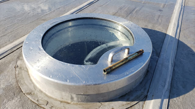 A small observatory roof hatch after overnight rain, empty of people, with no control-room dashboard, telescope, readabl