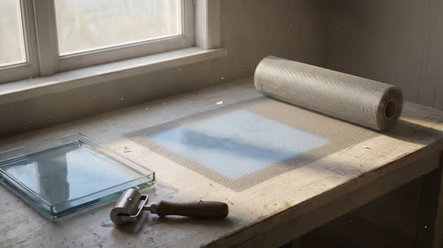 A quiet screen-repair alcove with a roll of fine silver mesh and a shallow glass tray on a pale wooden table, empty of p