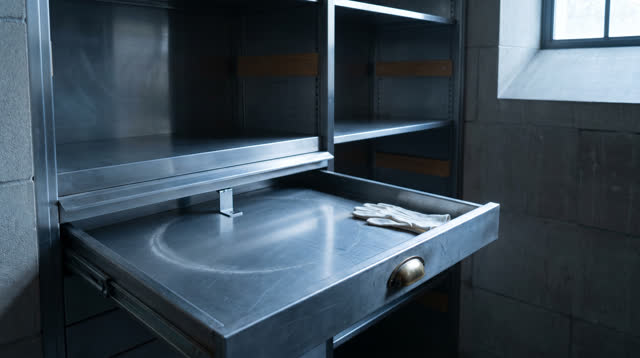 A cool open-shade map cabinet alcove after morning reference work, empty of people, with no readable maps, bookshelves,