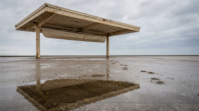 A ferry-free waiting canopy beside an empty paved approach after rain, empty of people, with no actual ferry, boats, rop