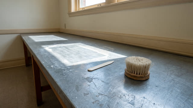 A print-free public bindery drying room after cleanup, empty of people, with no paper hanging on lines, readable print,