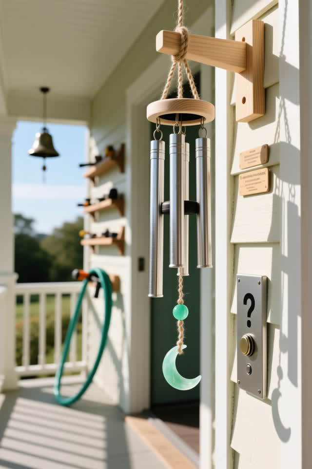 A breezy side porch corner with open air, empty of people, with no tool wall, no rows of hanging objects, no bell displa
