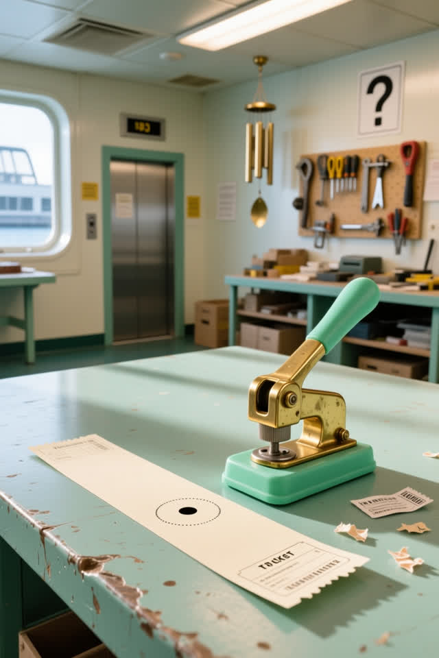 A ferry-free ticket punch table in a bright public workshop storage nook, empty of people, with no elevator, question ma