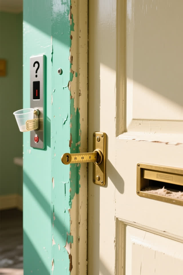 A bright storage-room door edge after cleanup, empty of people, with no question-mark button, elevator panel, measuring
