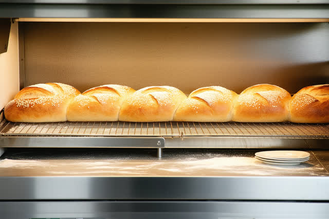 A small bakery cooling counter after the morning loaves have been moved, empty of people, with no café clutter, readable