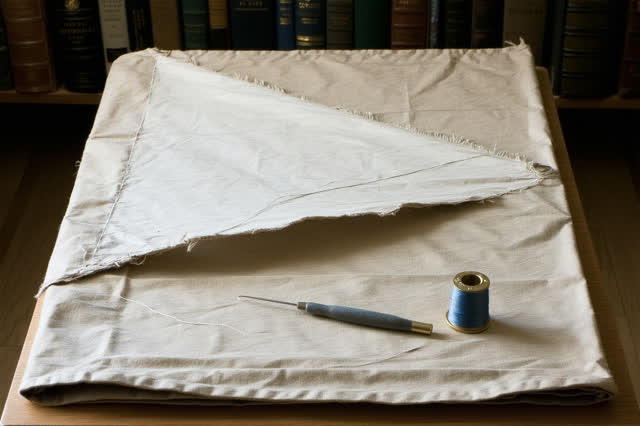 A community storage workroom with a folded utility cart cover on a broad repair table, empty of people, with no shade sa