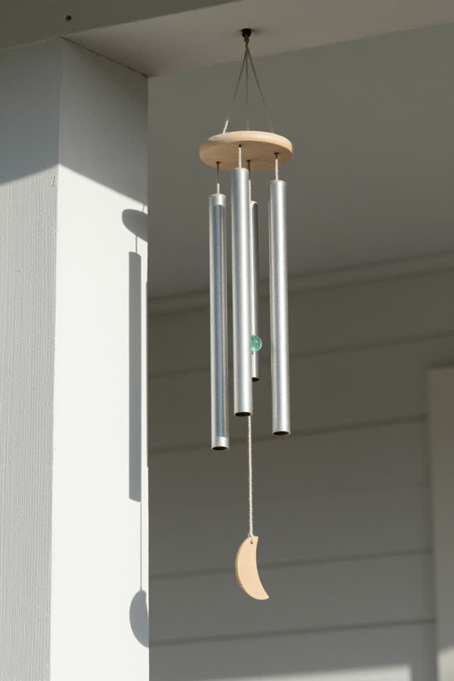 A breezy side porch corner with open air, empty of people, with no tool wall, no rows of hanging objects, no bell displa