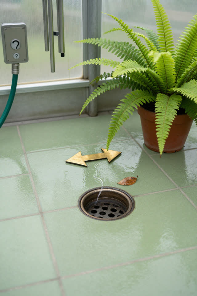 A bright greenhouse floor drain corner after watering, empty of people, with no readable signs, hose nozzle, wind chime,