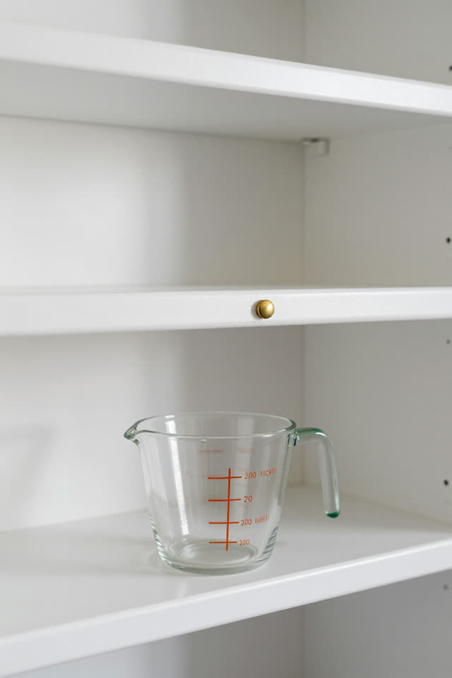 A bright community kitchen utensil shelf after cleanup, empty of people, with no buttons, question marks, ticket punches