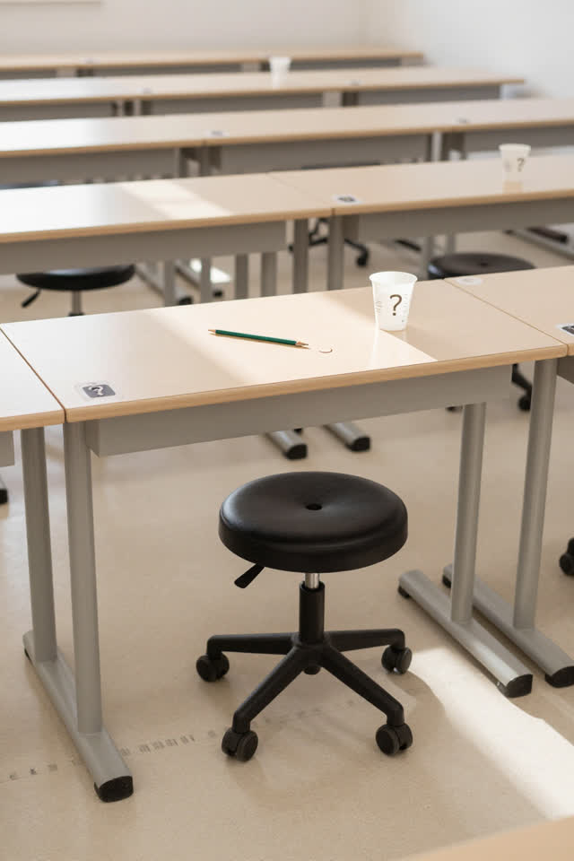 A bright drafting classroom after cleanup, empty of people, with no buttons, question marks, latches, date stamps, ticke