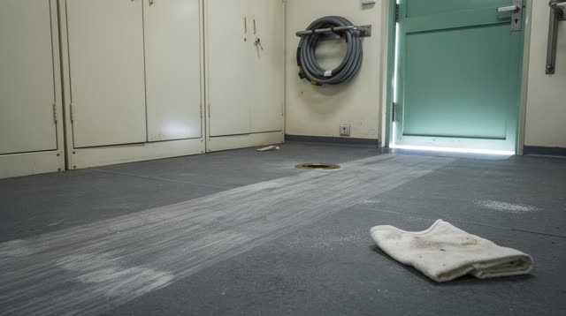An empty ferry maintenance locker room after morning checks, with no rails, ropes, plaques, ferry nostalgia, readable si