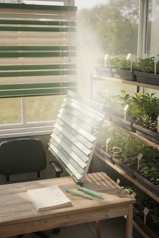 A small greenhouse office with a cleared desk after notes, empty of people, with no shade cloth, herb shelf, buttons, qu