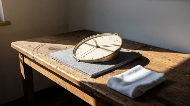A public clock service alcove after maintenance, empty of people, with no readable labels, corkboards, question marks, m