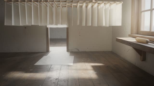 A quiet print shop drying room with translucent vellum sheets, empty of people, with no plastic sheeting, readable print