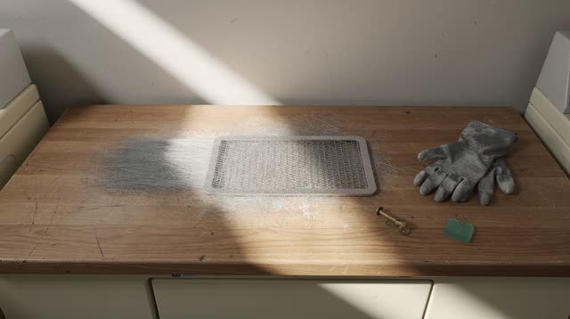 A public laundry lint room after morning cleaning, empty of people, with no readable labels, corkboards, laundry basket