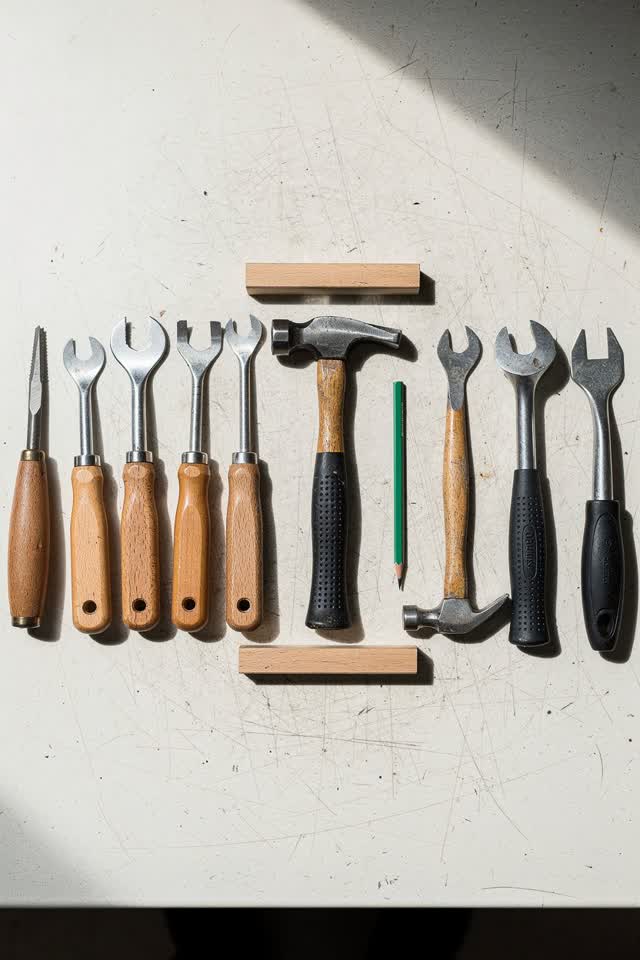 A community tool-lending counter after checkout, empty of people, with no readable labels, question marks, slapstick clu