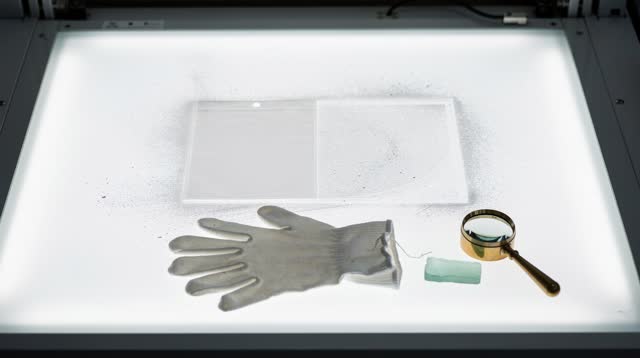 An archive photo light table after inspection, empty of people, with no readable labels, photo faces, status boards, que