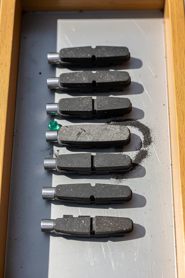 A bike-share brake pad drawer after sorting, empty of people, with no readable labels, question marks, status boards, to