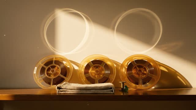 A library microfilm spool shelf after closing, empty of people, with no readable film frames, faces, labels, archive tex