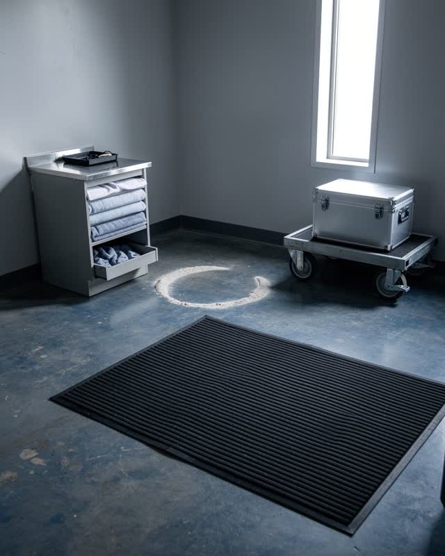 A public observatory cleaning store below the viewing deck, empty of people, with no roof hatch, archive cabinets, maps,