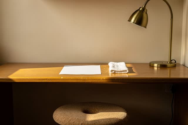 A small public reading alcove after closing, empty of people, with no readable text, shelf still life, plaques, labels,