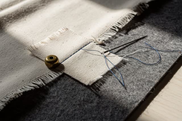 A civic textile mending bay for public curtains, empty of people, with no readable tags, stage props, tool piles, overla