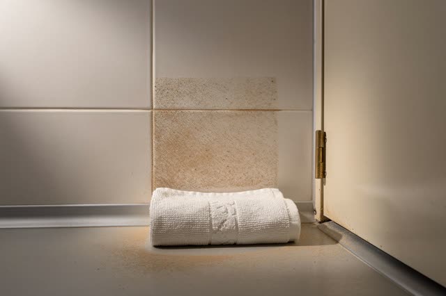 A public bath towel chute alcove after closing, empty of people, with no readable signs, labels, steam drama, wet floor,