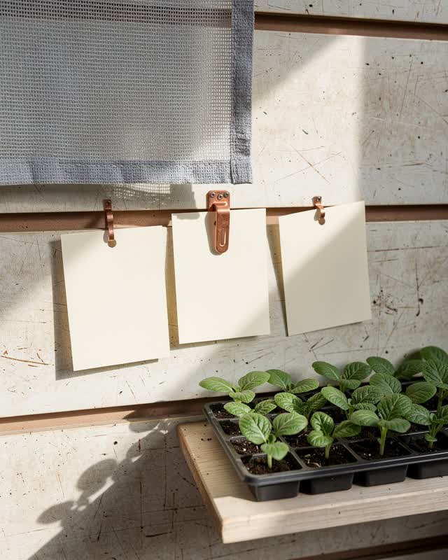 A botanical seedling shade calibration wall, empty of people, not a greenhouse office, with no readable notes, labels, o