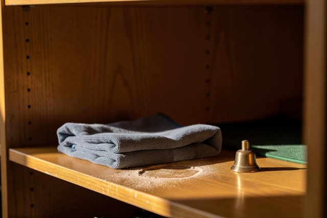 A public handbell storage alcove after rehearsal, empty of people, with no readable music sheets, labels, rows of instru
