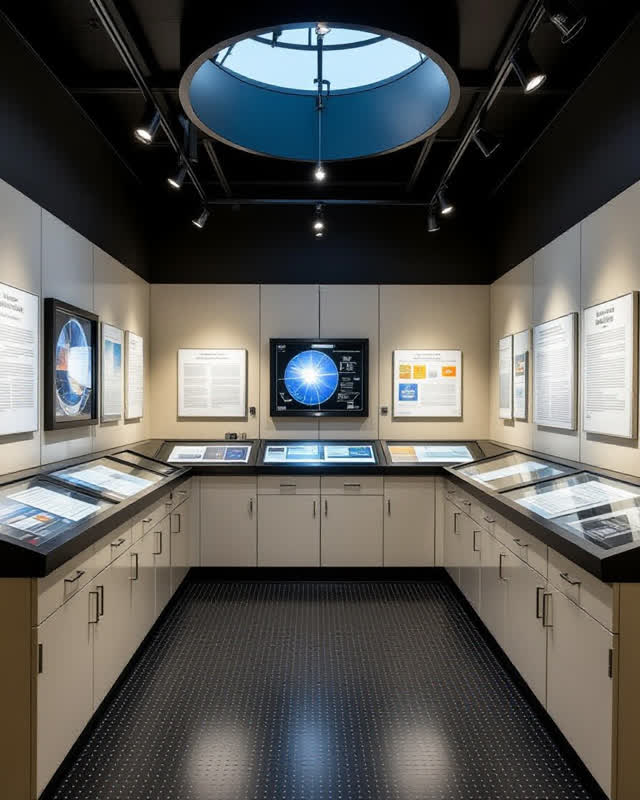 A public observatory cleaning store below the viewing deck, empty of people, with no archive cabinets, maps, dashboards,
