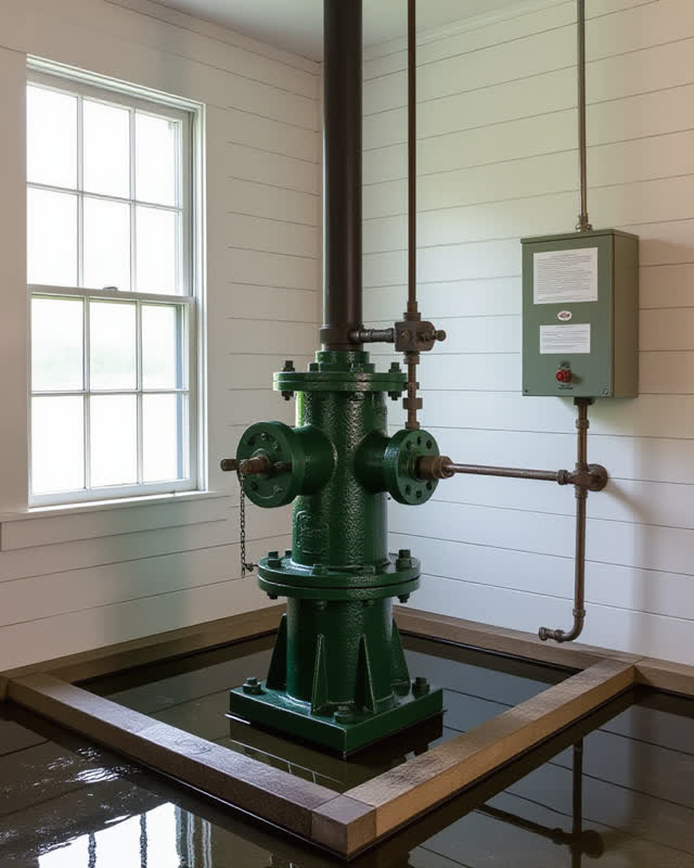 A canal pump house office used for water readings and paper drying, empty of people, with no readable charts, labels, mu