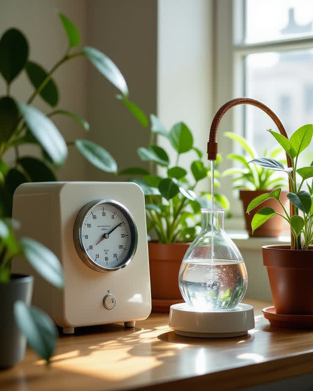 A botanical misting timer corner in a public plant service room, not a greenhouse office, empty of people, with no reada