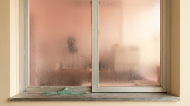 A community darkroom entry alcove with frosted glass panels, empty of people, with no hanging paper, trays, hand shadows