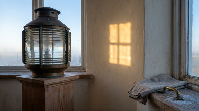 A harbor signal lamp room at rest, empty of people, with no readable maritime signs, plastic sheeting, mystical fog, ran
