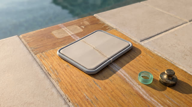 A community pool test-strip ledge after morning inspection, empty of people, with no readable labels, numbers, charts, q