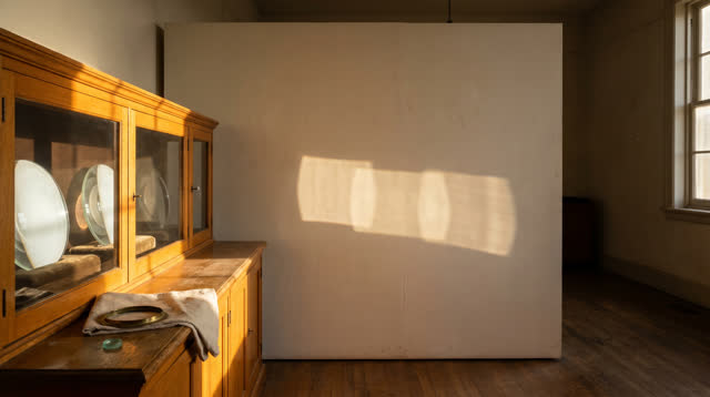 A municipal lens cabinet used for public display cases after closing, empty of people, with no readable captions, museum