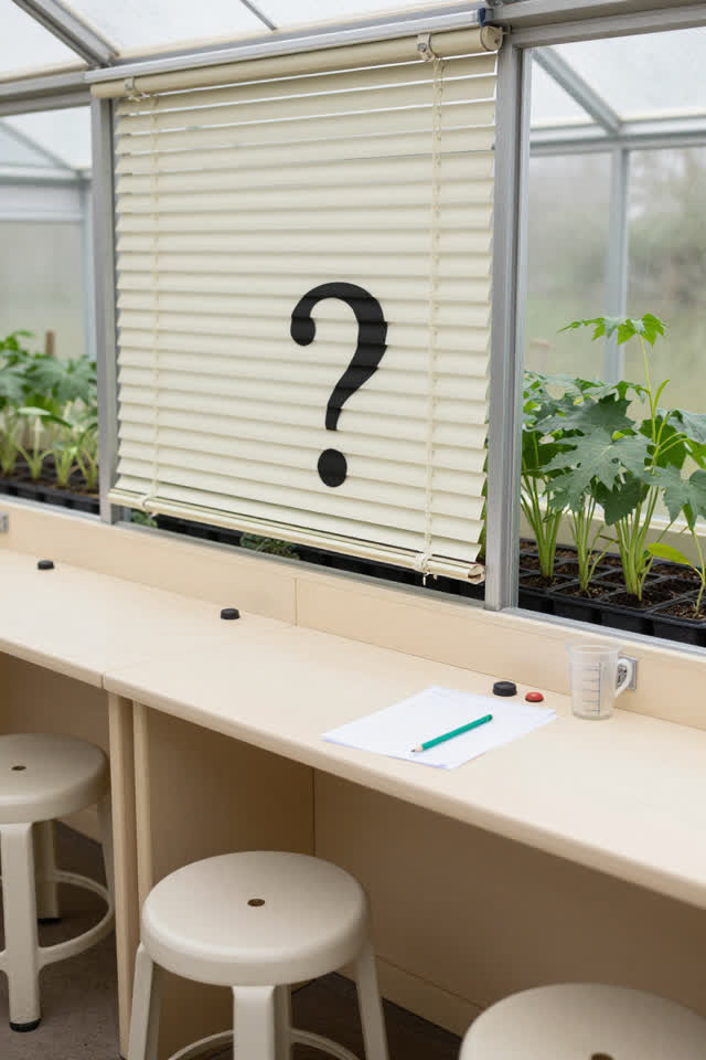 A compact greenhouse office after notes have been cleared, empty of people, with no question marks, readable notes, gene