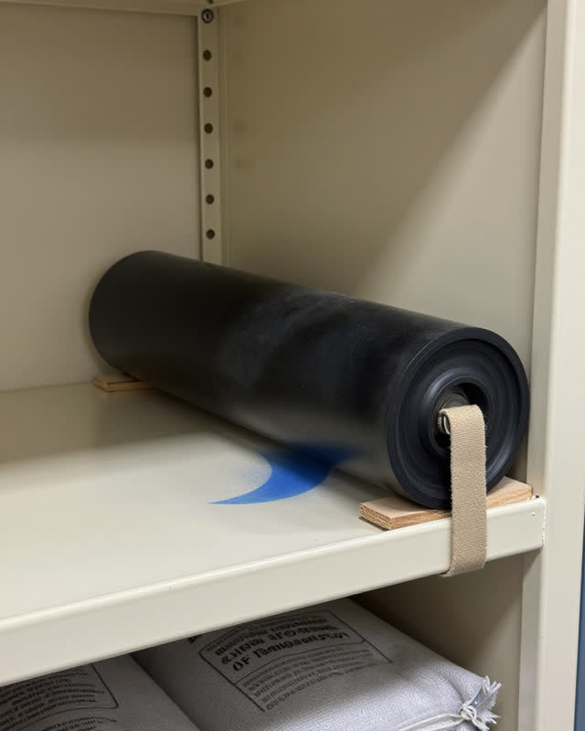 A print roller storage bay beside a low service rack, empty of people, with no apocalyptic damage, ferry hardware, kiln