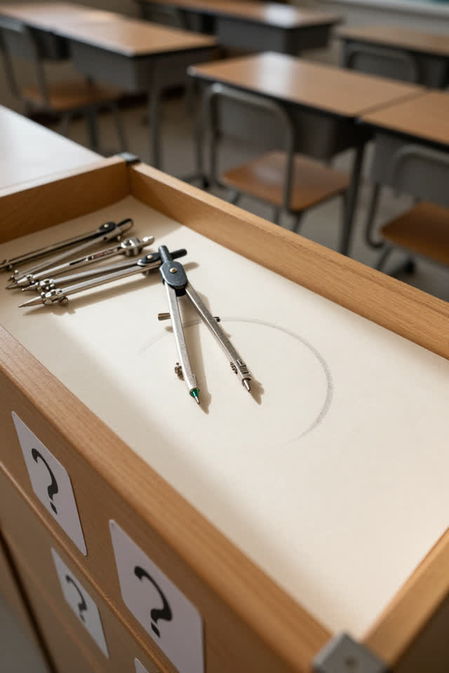 A school geometry compass cabinet after class, empty of people, with no readable labels, question marks, rows of desks,
