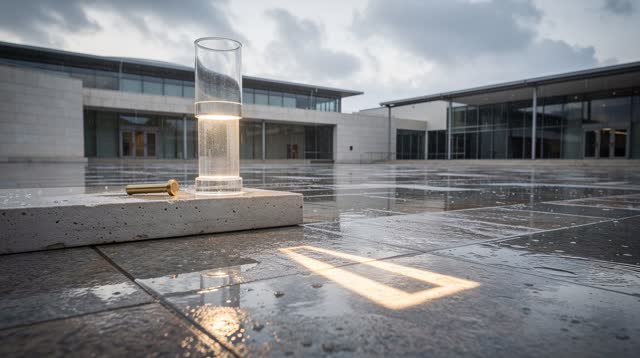 A semi-open civic courtyard after rain, empty of people, with no readable numbers, labels, signs, mystical fog, random f