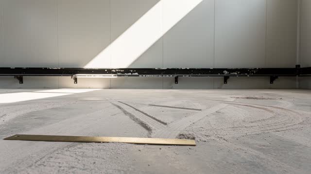 A public clock-maintenance mezzanine after morning inspection, empty of people, with no readable clock numbers, labels,