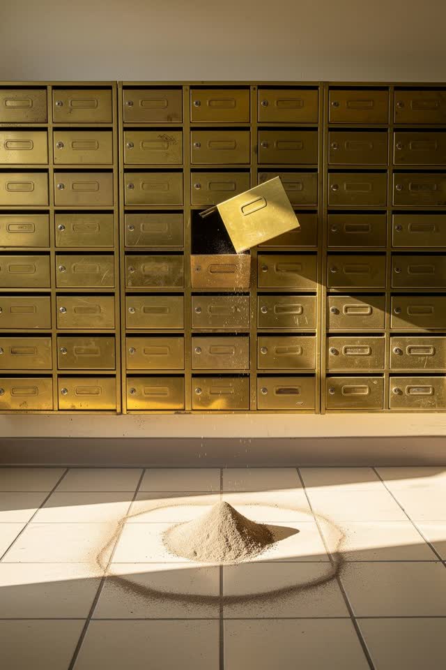 A community mailroom wall after delivery, empty of people, with no readable names, addresses, labels, envelopes, questio