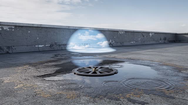 A municipal roof-drain maintenance landing after rain, empty of people, with no readable signs, labels, tools, mystical